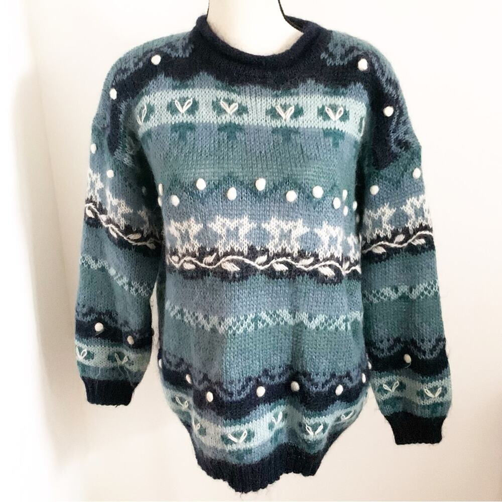 Christopher & Banks M Vintage Mohair Blend Hand Embroidered Blue Green Sweater